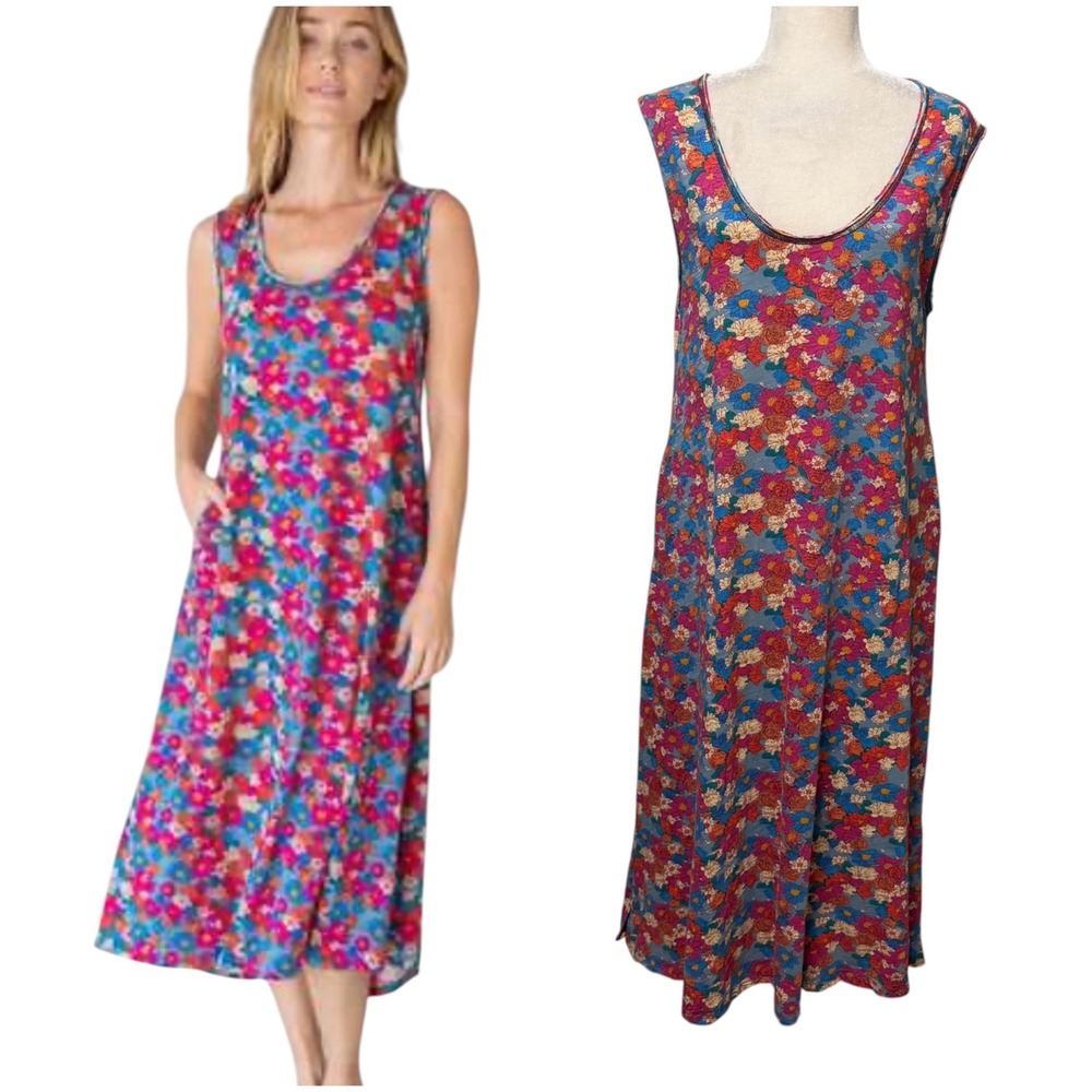 Natural Life Maxi Dress Womens M Floral Slub Knit Boho Cottagecore Relax Pockets